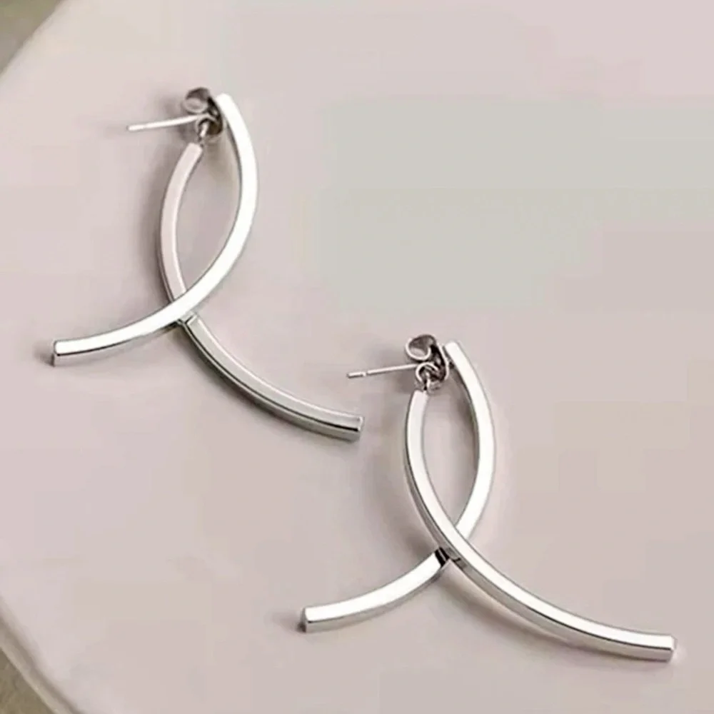 Any 4/$25! Silver Curved Drop Studs w/Jacket Backs Earrings - Picture 3 of 6